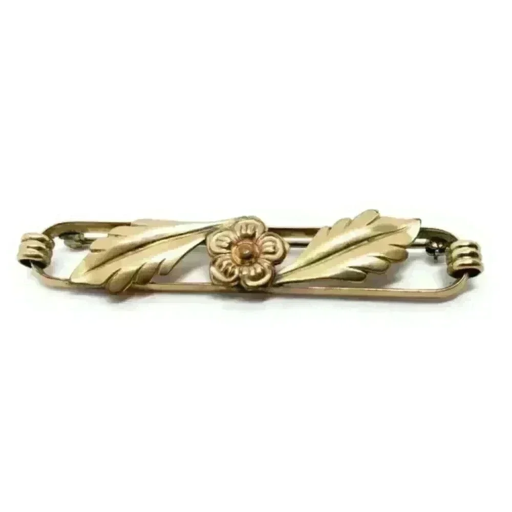 Gold Art Nouveau Brooch Rose Roses Leaves Brooch 12 Kt GF Vintage Repousse